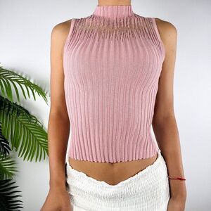 Vintage Mauve Coquette Cottagecore Mock Neck Ribbed Sleeveless Knit Top / S